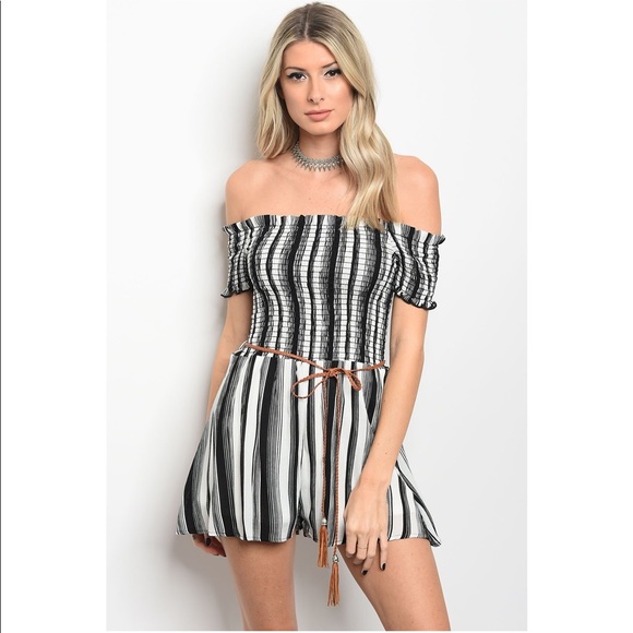 Pants - LAST ONE! Black/White Striped Off Shoulder Romper